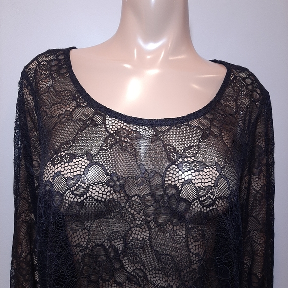🍁 MICHEL STUDIO Sheer Lace Scoop Neck Long Sleeve Peplum Top Black Stretchy - Picture 2 of 10